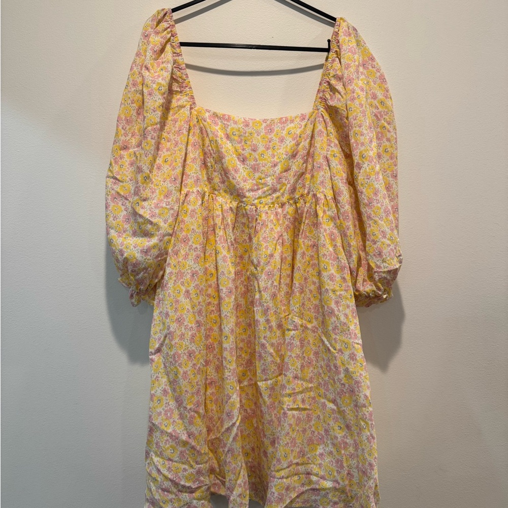 Storia Floral Puff Sleeve Dress - Yellow and Pink